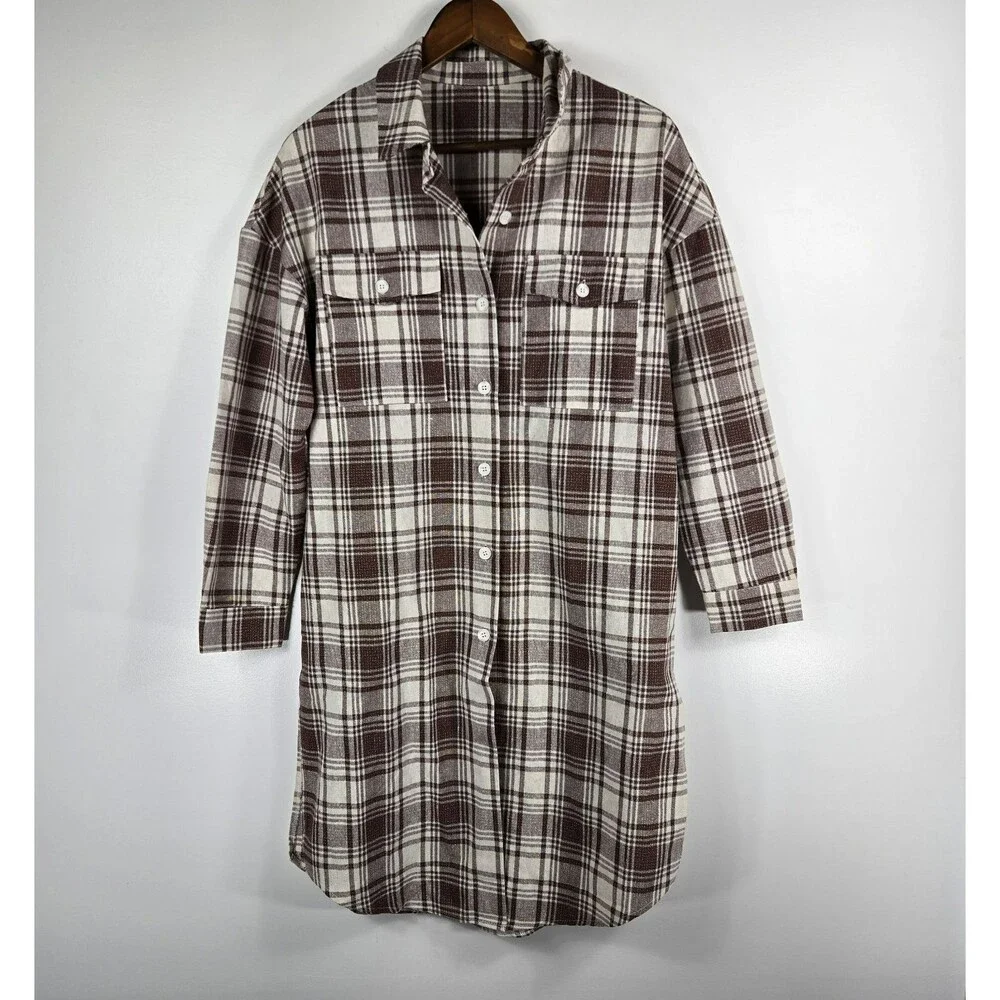 Women's‎ Size Small Brown Plaid Button Up Longline Cardigan Blazer Jacket